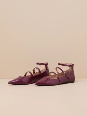 Paysen Burgundy Crocodile-Embossed Ankle Strap Ballet Flats